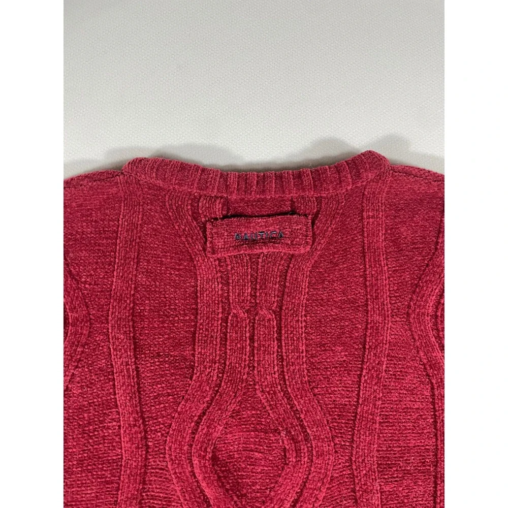 Nautica Mens Sweaterfleece Crewneck Wavy Cable Knit Sweater Burgundy Medium NWT